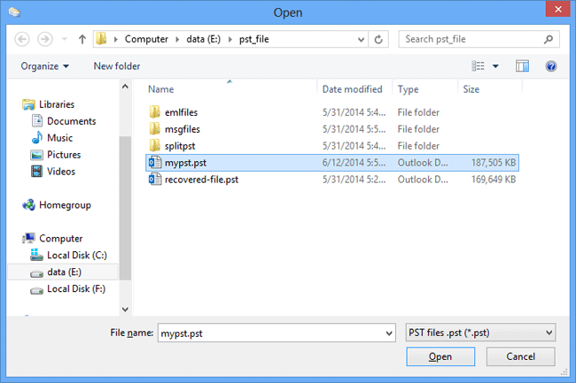 Select the PST file and click the Open